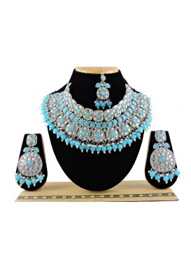 Charming Beads Work Firozi and White Silver Rodium Polish Necklace Set