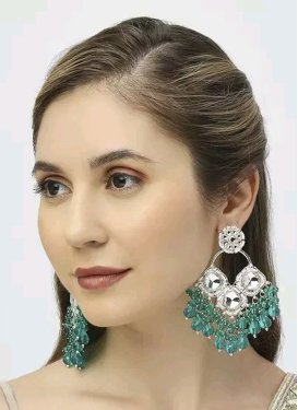Charming Beads Work Off White and Sea Green Silver Rodium Polish Earrings