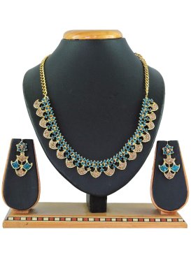 Charming Gold Rodium Polish Beads Work Alloy Gold and Light Blue Necklace Set For Ceremonial