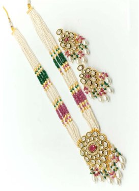 Charming Gold Rodium Polish Beads Work Alloy Green and Off White Necklace Set For Festival