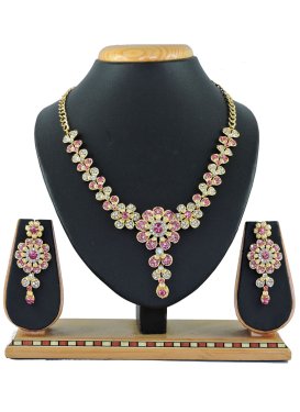 Charming Gold Rodium Polish Pink and White Necklace Set For Ceremonial
