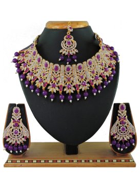 Charming Gold Rodium Polish Purple and White Moti Work Necklace Set