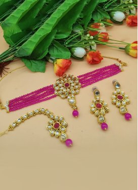 Charming Rose Pink and White Beads Work Gold Rodium Polish Necklace Set
