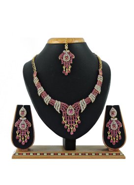 Charming Rose Pink and White Gold Rodium Polish Stone Work Necklace Set