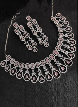 Charming Silver Rodium Polish Stone Work Alloy Salmon and White Necklace Set For Party