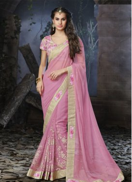 Chic Pink Color Lace Work Chiffon Party Wear Saree