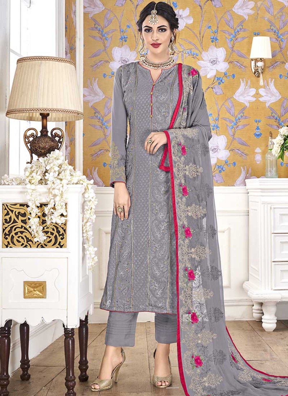 Grey Colour With Chicken Work Decorated Suit Material. | Jolly Silks - The  Destination Of Silks | Online shopping site - Jolly Silks