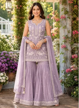 Chiffon Embroidered Work Sharara Suit in Lavender