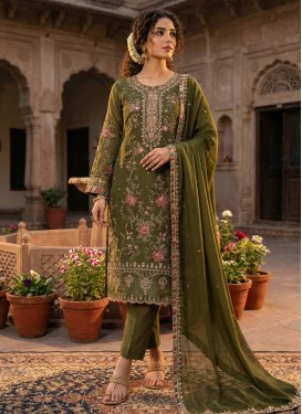 Chiffon Embroidered Work Straight Suit in Olive