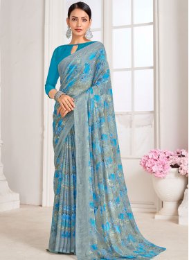 Chiffon Grey and Light Blue Designer Contemporary Style Saree For Casual