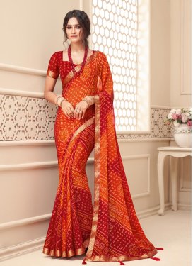 Chiffon Orange and Red Bandhej Print Work Traditional Designer Saree
