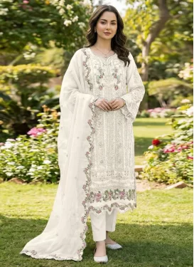 Chiffon Pakistani Suit with Embroidered Work for Festival in Off White