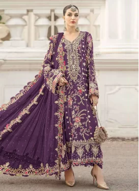 Chiffon Pakistani Suit with Embroidered Work for Festival in Purple