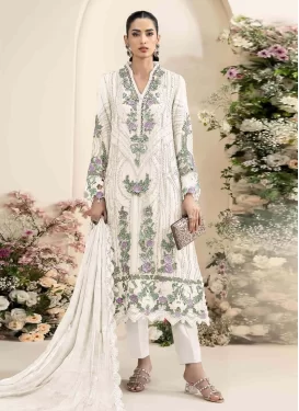 Chiffon Pakistani Suit with Embroidered Work for Festival in White