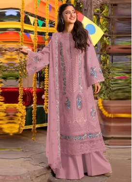 Chiffon Palazzo Suit in Mauve Pink with Embroidered Work for Ceremonial