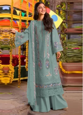 Chiffon Palazzo Suit with Embroidered Work in Aqua Blue