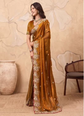 Chiffon Satin Classic Saree in Orange with Embroidered Work for Festival