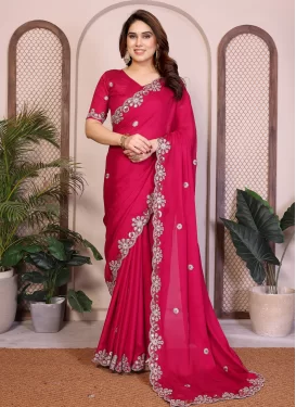 Chiffon Satin Classic Saree in Rose Pink with Embroidered Work for Ceremonial