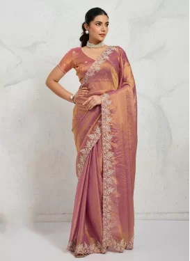 Chiffon Satin Classic Saree in Salmon with Embroidered Work for Women