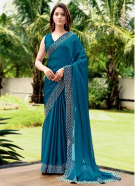 Chiffon Satin Classic Saree in Teal with Swarovski Work for Ceremonial