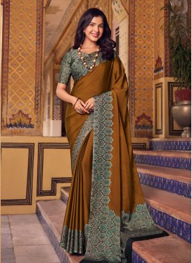 Chiffon Satin Classic Saree with Digital Print Work in Mustard and Sea Green