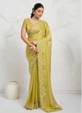 Chiffon Satin Classic Saree with Embroidered Work for Ceremonial in Aloe Veera Green