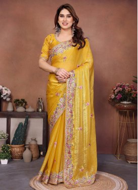 Chiffon Satin Classic Saree with Embroidered Work for Festival in Mustard