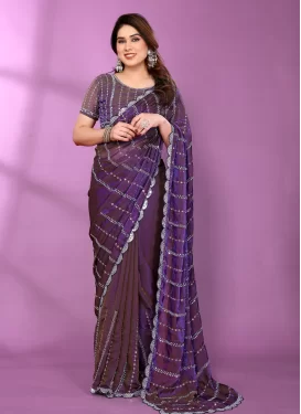 Chiffon Satin Classic Saree with Embroidered Work for Women in Purple