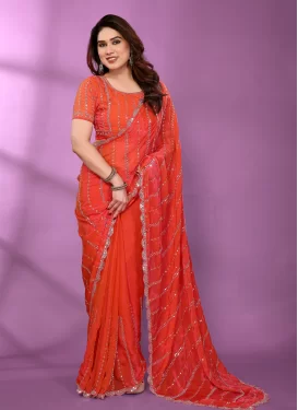 Chiffon Satin Classic Saree with Embroidered Work in Red