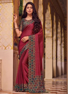 Chiffon Satin Digital Print Work Trendy Saree in Brown and Crimson