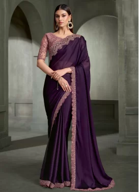 Chiffon Satin Embroidered Work Classic Saree in Purple