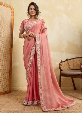 Chiffon Satin Embroidered Work Classic Saree in Salmon