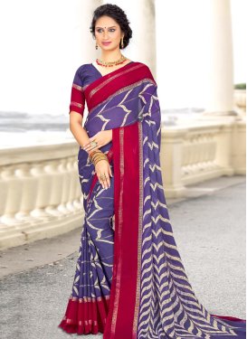 Chiffon Satin Foil Print Work Red and Violet Designer Contemporary Style Saree