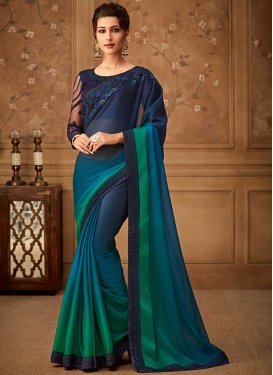 Chiffon Satin Green and Navy Blue Embroidered Work Trendy Classic Saree