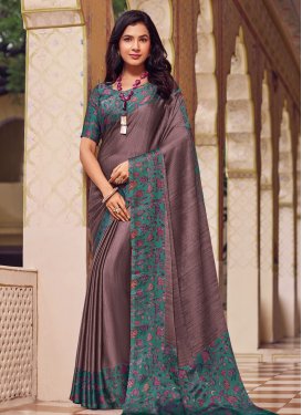 Chiffon Satin Traditional Saree in Brown and Sea Green with Digital Print Work for Casual