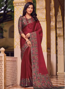 Chiffon Satin Traditional Saree in Grey and Red with Digital Print Work for Casual