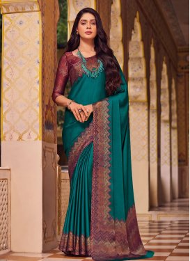 Chiffon Satin Traditional Saree in Teal with Digital Print Work for Women