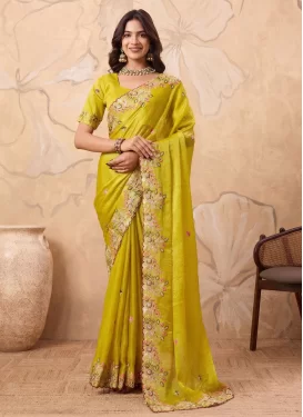Chiffon Satin Traditional Saree in Yellow with Embroidered Work for Festival