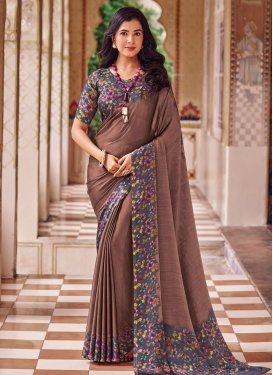 Chiffon Satin Traditional Saree with Digital Print Work in Brown