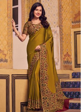 Chiffon Satin Traditional Saree with Digital Print Work in Crimson and Mustard for Casual