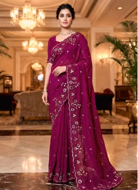 Chiffon Satin Traditional Saree with Embroidered Work for Women in Fuchsia