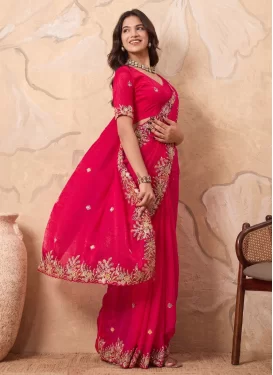 Chiffon Satin Traditional Saree with Embroidered Work in Rose Pink