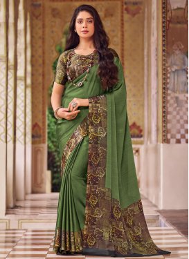 Chiffon Satin Trendy Saree in Olive with Digital Print Work for Casual