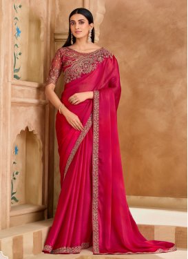 Chiffon Satin Trendy Saree with Embroidered Work for Festival in Rose Pink