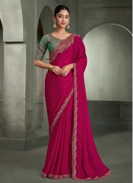 Chiffon Satin Trendy Saree with Embroidered Work for Women in Fuchsia