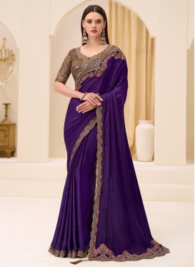 Chiffon Satin Trendy Saree with Embroidered Work in Purple