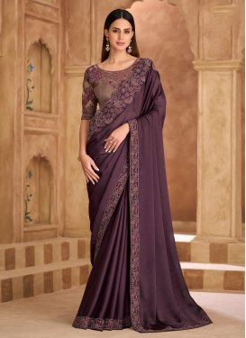 Chiffon Satin Trendy Saree with Embroidered Work in Wine