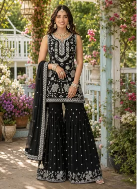 Chiffon Sharara Suit with Embroidered Work for Festival in Black