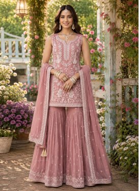 Chiffon Sharara Suit with Embroidered Work in Salmon