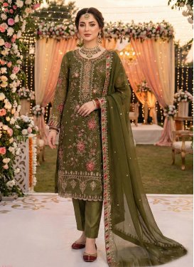 Chiffon Straight Suit in Olive with Embroidered Work for Festival